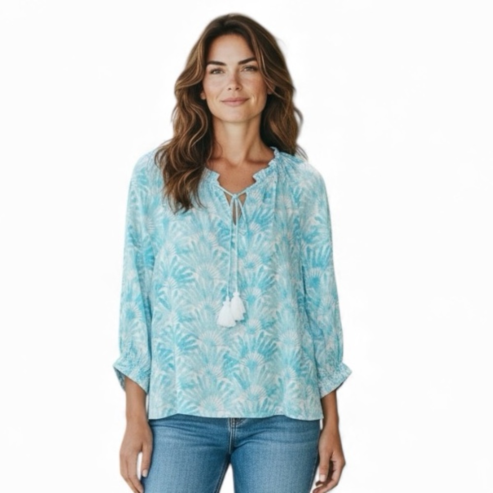 VINEYARD VINES BEACH COASTAL SILVER METALLIC THREAD LONG PUFF SLEEVE TOP S